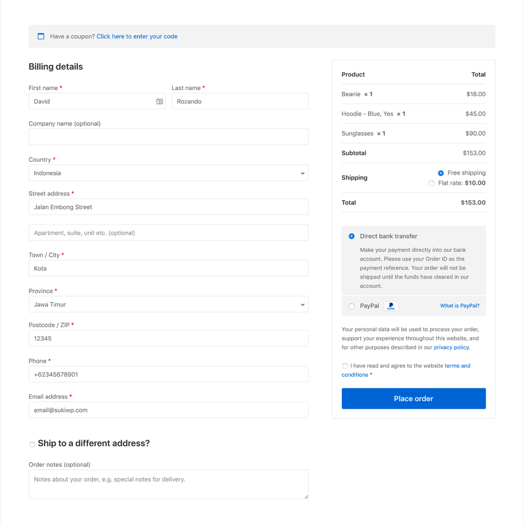 billing details page of suki